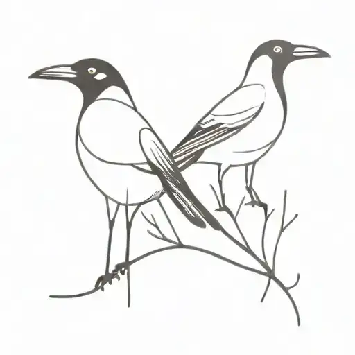 2 Magpies With Inquisitive Stance Simple Line Tattoo In The Style Of Jean Jullien