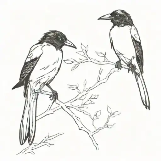 2 Magpies With Inquisitive Stance Simple Line Tattoo In The Style Of Quentin Blake