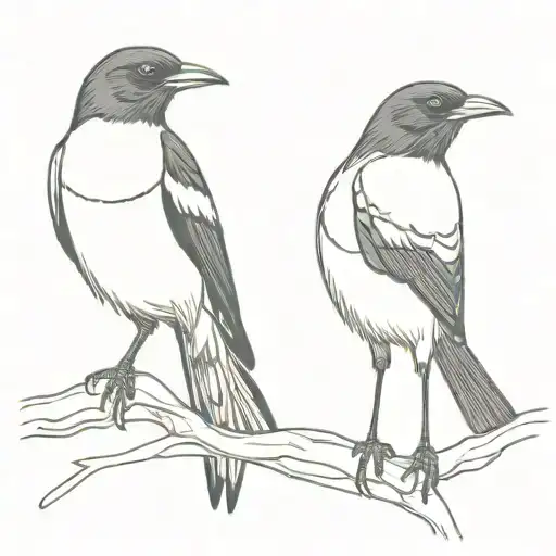 2 Magpies With Inquisitive Stance Simple Line Tattoo In The Style Of John Broadley