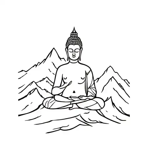 A Minimalist Tattoo Of A Serene Buddha Meditating On A Mountain Peak