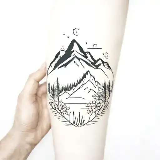 Mountain Scene And Flowers