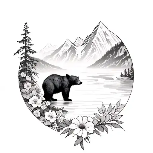 Black Bear With Mount Edith Cavell In Background And Waterfall In Foreground Along With Flowers