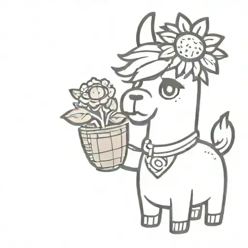 Cartoon Llama With A Cartoon Potato Holding A Sunflower