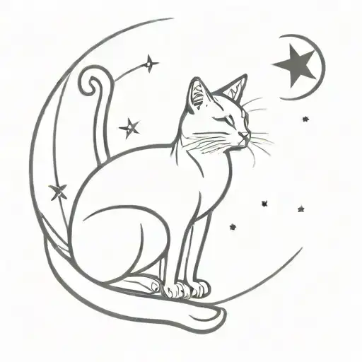 Tattoo Of A Cat Sitting On The Moon Looking Up At The Sky With The Taurus Constellation Symbol