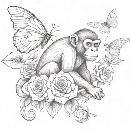 Full-bodied Monkey With An Elongated With Roses And Butterflies