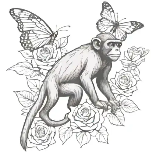 Full-bodied Monkey With An Elongated With Roses And Butterflies