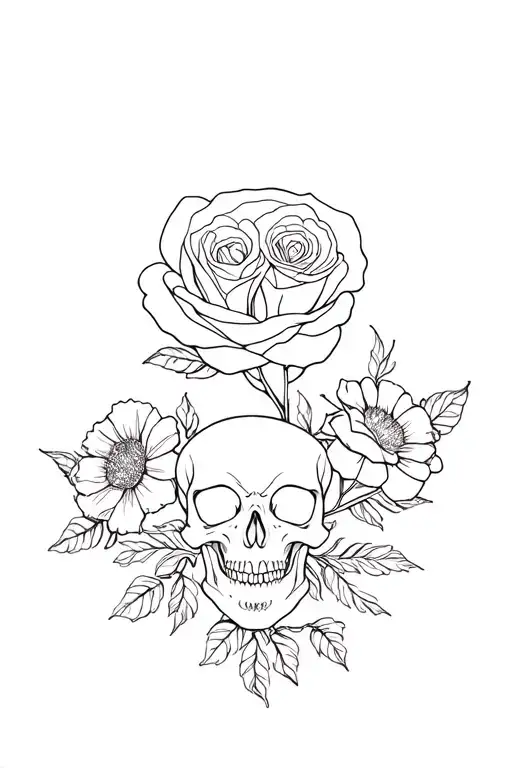 Skull And Roses Stippled Shading With Other Flowers For Outside Upper Arm Feminine Fine Line
