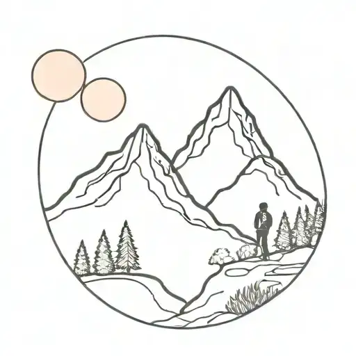 Hiker Far Away With Mountains And Rising Sun