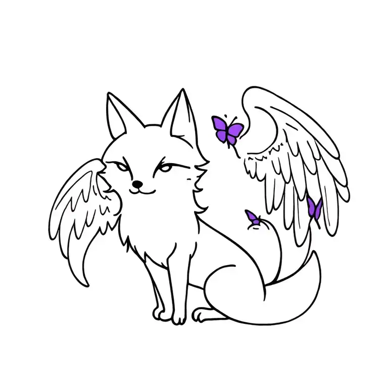 Small Fox Sitting With Angel Wings With Purple Butterfly