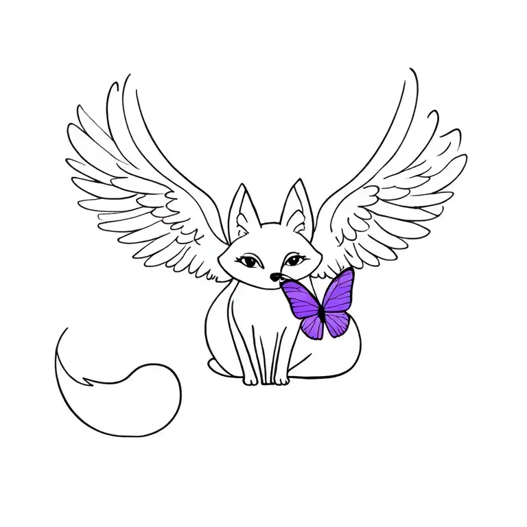 Small Fox Sitting With Angel Wings On Fox With Purple Butterfly