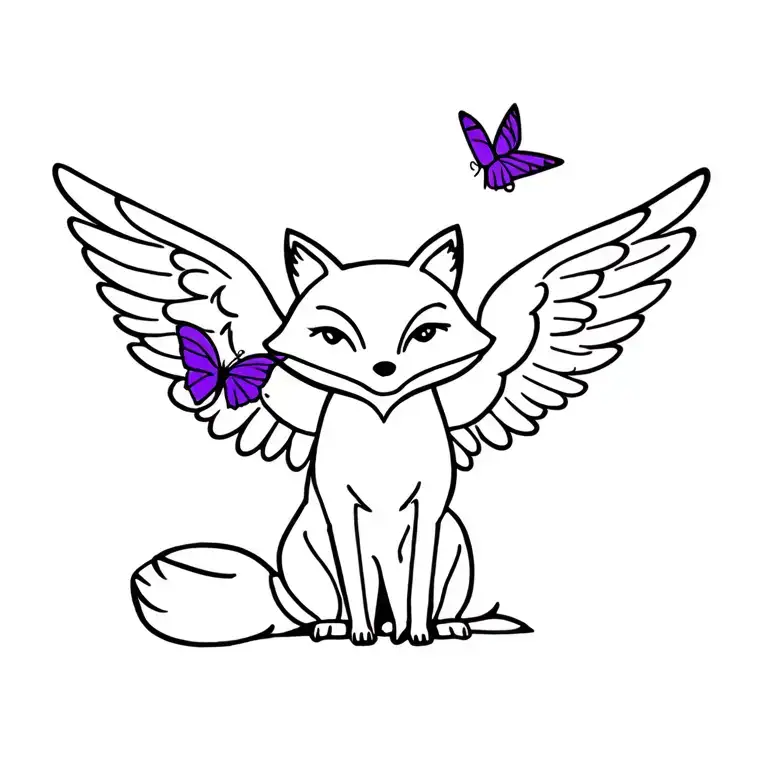 Small Fox Sitting With Angel Wings On Fox With Purple Butterfly