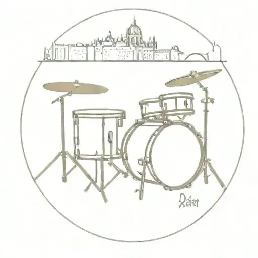 A Minimalist Design Of A Drum Set With A Skyline Of Budapest In The Background