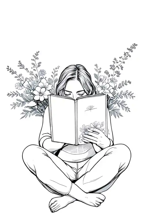 Outline Of A Woman Sitting Reading A Book Open In Front Covering Her Face With Flowers Around Her