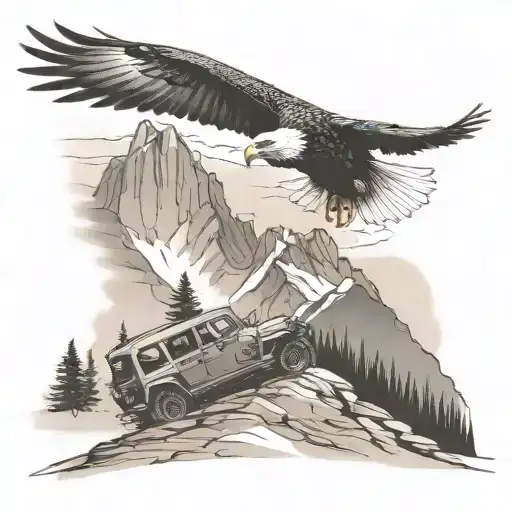 Mountain Scene Eagle Flying And Jeep Wrangler Driving In The Foreground