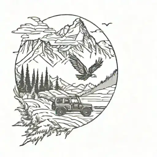 Mountain Scene Eagle Flying And Jeep Wrangler Driving In The Foreground