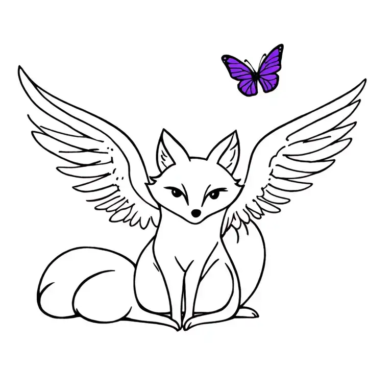 Small Fox Sitting Sideways With Angel Wings On Fox With Purple Butterfly