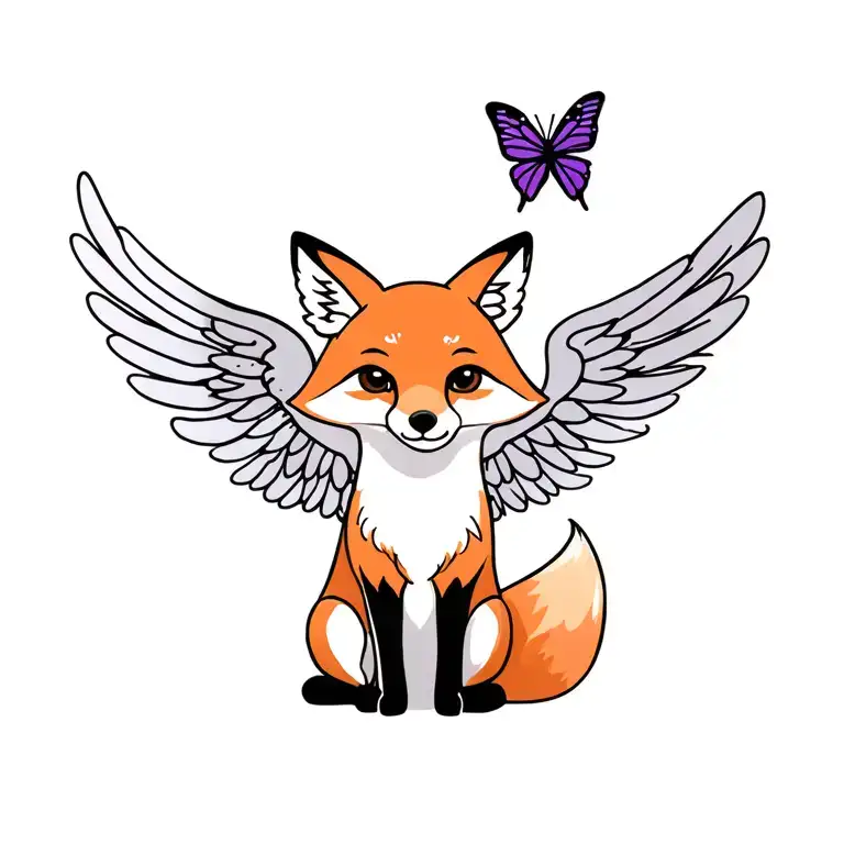 Small Fox Sitting Sideways With Angel Wings On Fox With Purple Butterfly
