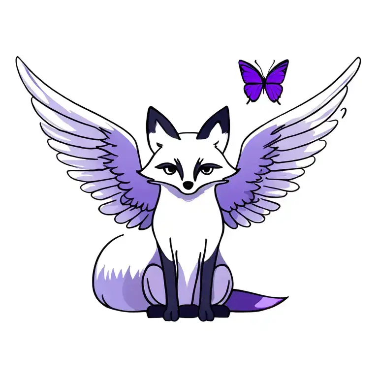 Small Fox Sit Side Ways Angel Wings And Purple Butterfly