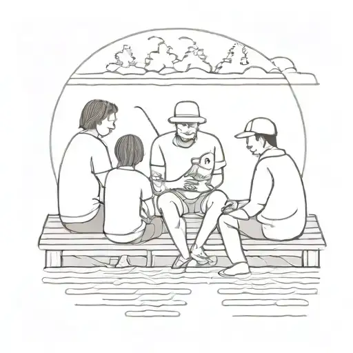 Son And Parents Sitting On A Deck Fishing