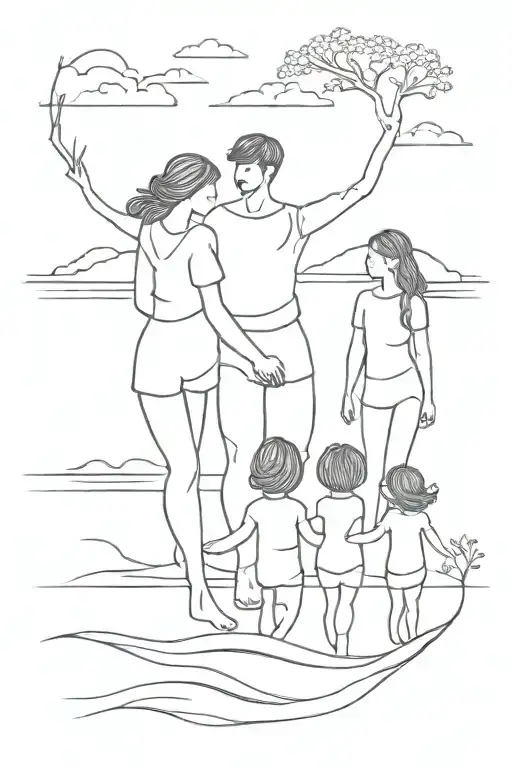 Father Mother And Three Daughters By A River Running