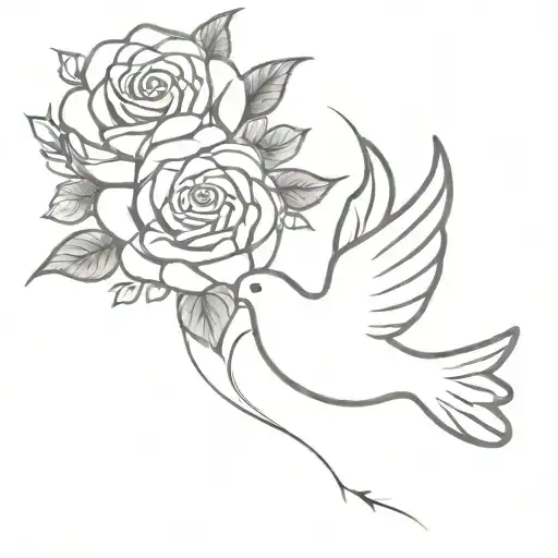 A Dove Mid Flight Holding A Sunflower And Rose By Their Stems