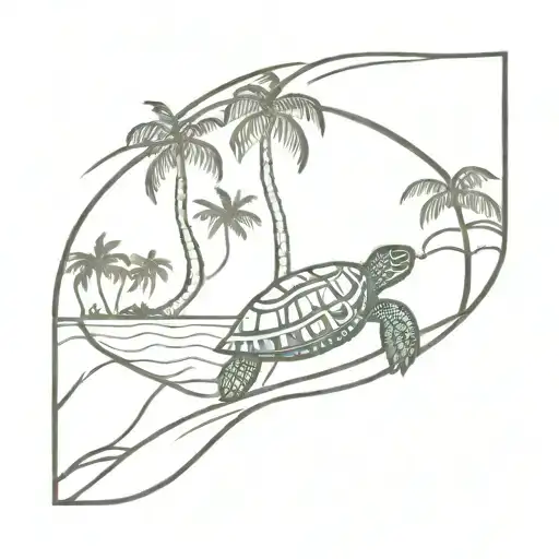 Beach With Palm Trees Sea Turtle Waves