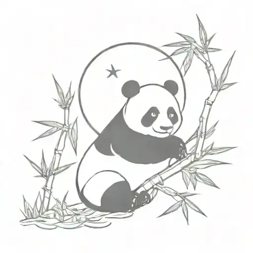 Panda On A Bamboo Tree At Night Moon Beside A River