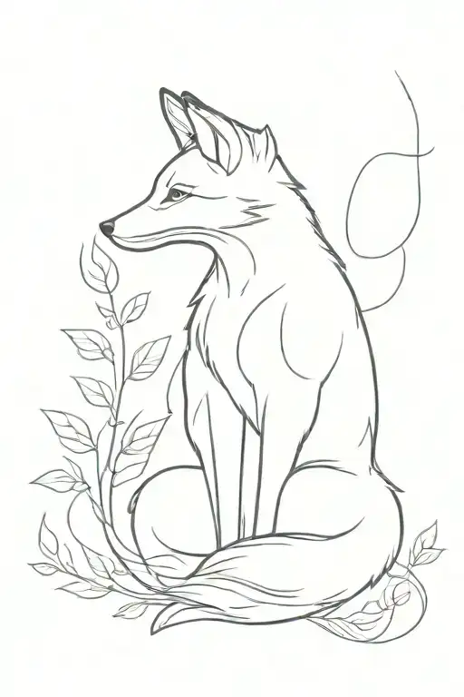 Fox In Full Growth Lines And Leaves Around