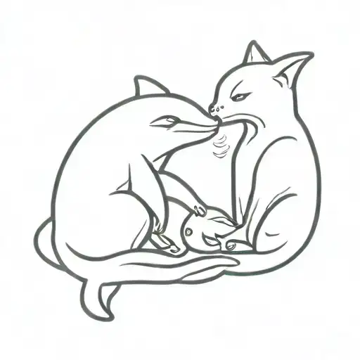 A Cat Which Hugs And Kisses A Dolphin On The Cheek From A Side View