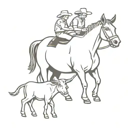 Cowboy On A Horse Moving A Cow And Calf