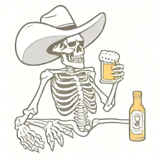 Human Skeleton With Mexican Hat And Beer In Hand