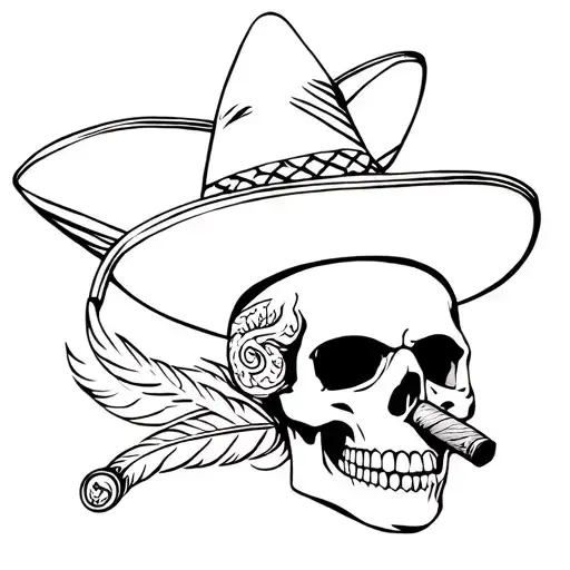 Skull Wearing Sombrero Smoking Cigar With Feathered Serpent