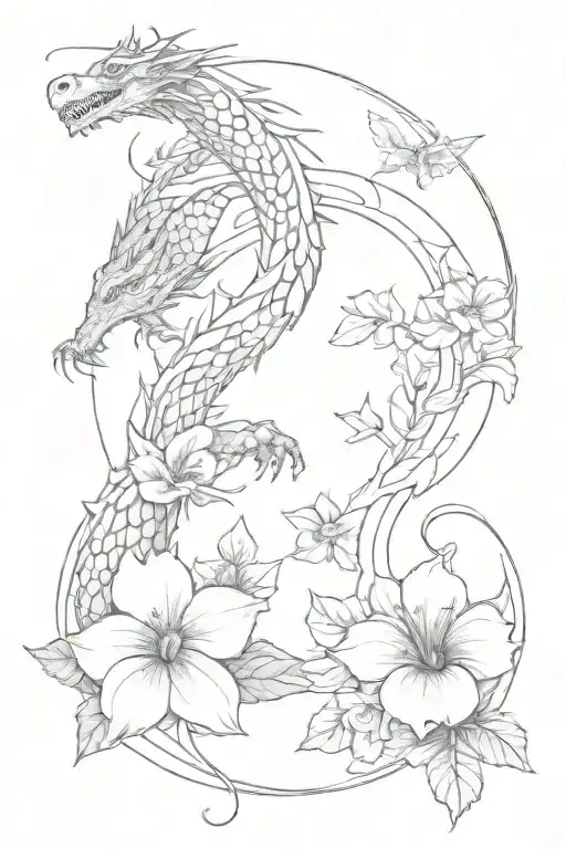 Flowers And Dragons Intertwined To Represent Fragile Strength