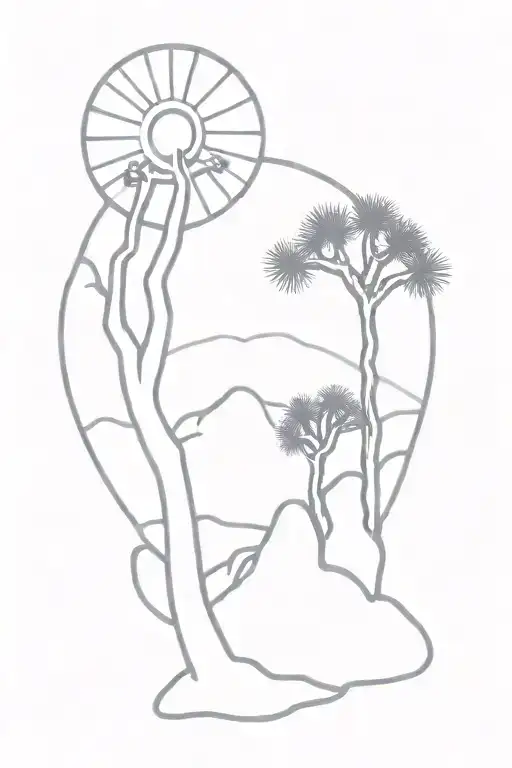 Joshua Tree With Sun Setting Behind Rocks