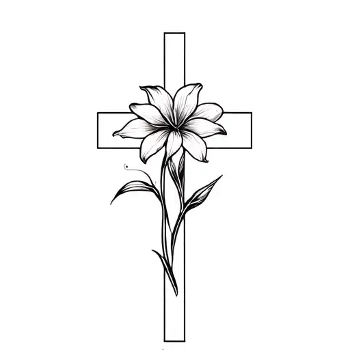 Fine Line Cross With Oneline Fineline Black Lilly Of The Valley At The Bottom Of The Cross