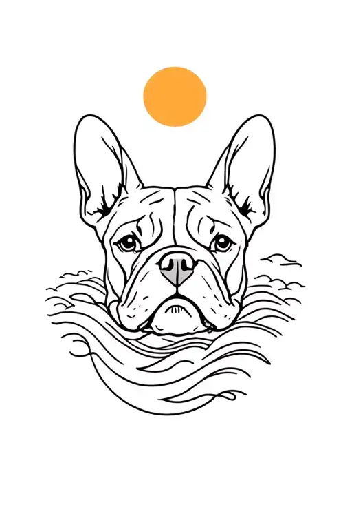 French Bulldog Head With Waves Crashing Ocean Waves And Sun