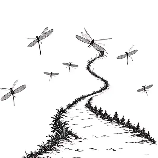 A Sketch Of A Hiking Trail Winding Through A Forest Of Dragonflies