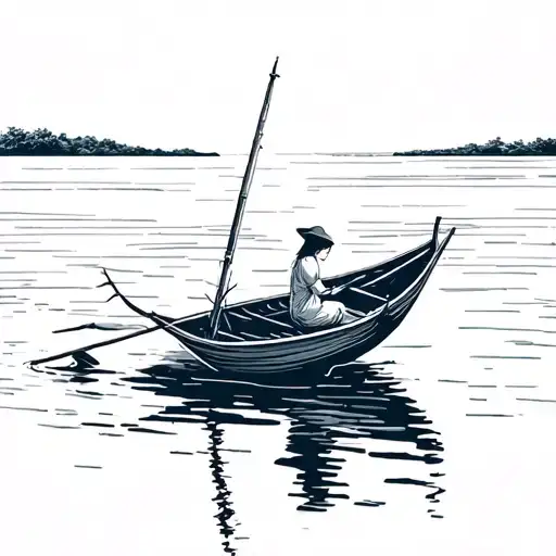 Vietnamese Fishing Boat In Calm Water With A Woman Sitting In It With Nothing In The Background