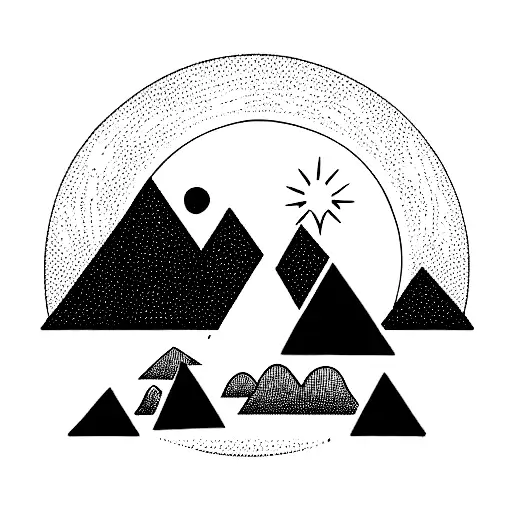 Fine Line Mountain With Trees Showing The Moon Rise As The Sun Sets Inside A Triangle