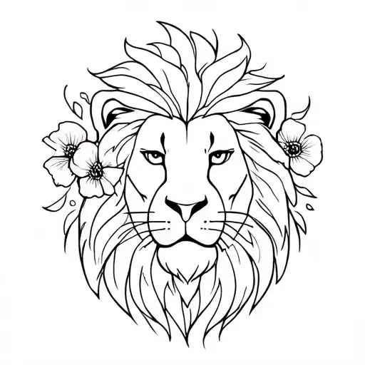 Black And White Lion With Poppys As The Mane