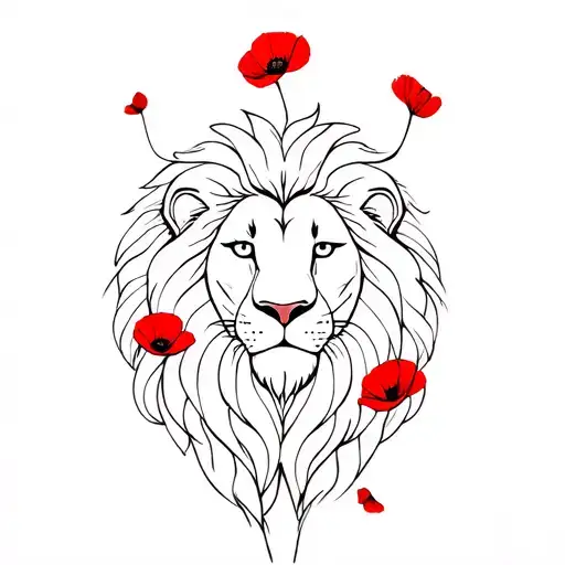 Black And White Lion With Red Poppys As The Mane