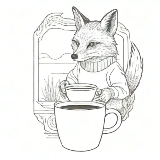 A Fox Drinking Coffee In A Cozy Sweater Door Field