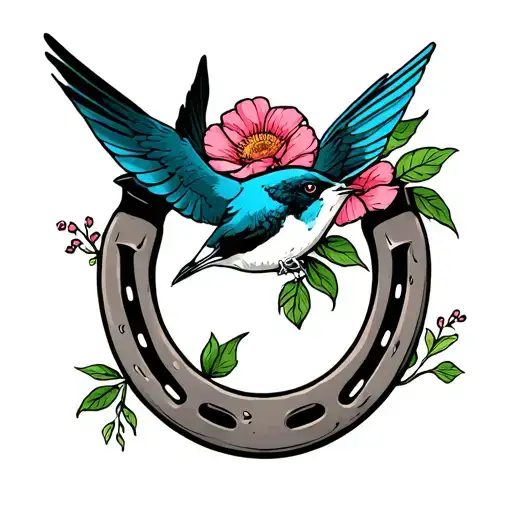 Old School Horseshoe With Flowers And A Swallow