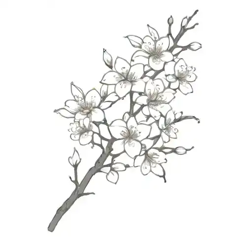 A Thin Branch Of Sakura With Little Flowers And Leaves