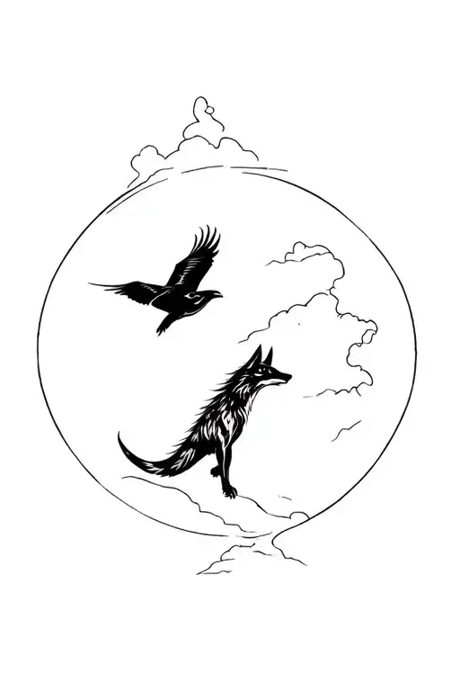 Running Fox And A Raven Flying Above It