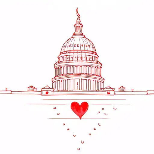 Fine Line Capitol Dome Continous Line Drawing With Water Color Heart Silohuetted Behind In Red