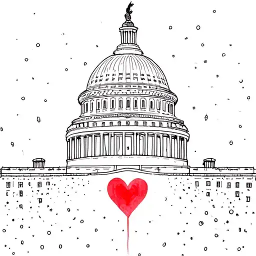 Continous Line Drawing Capitol Dome With Water Color Heart Silohuetted Behind In Red