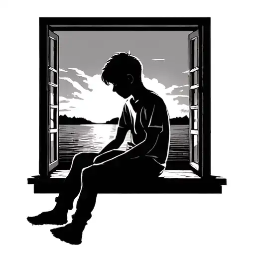 Boy Sitting Out Window Looking At Sunset
