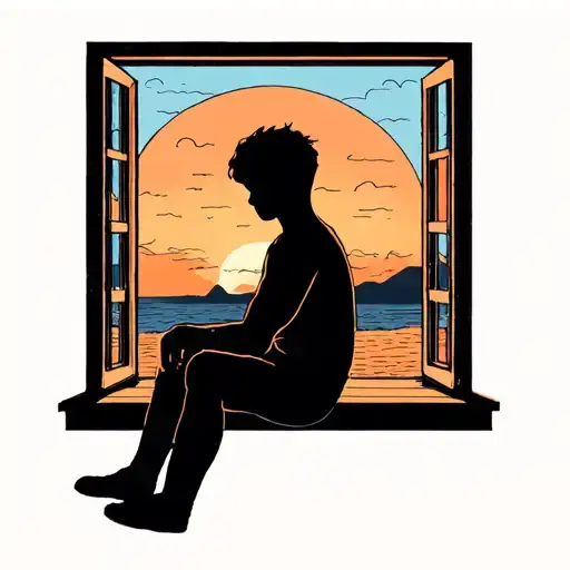 Boy Sitting Out Window Looking At Sunset