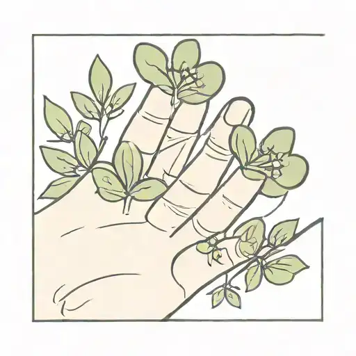 Two Olive Branches Between Index Finger And Thumb With A Four Leaf Clover On Inner Middle Finger